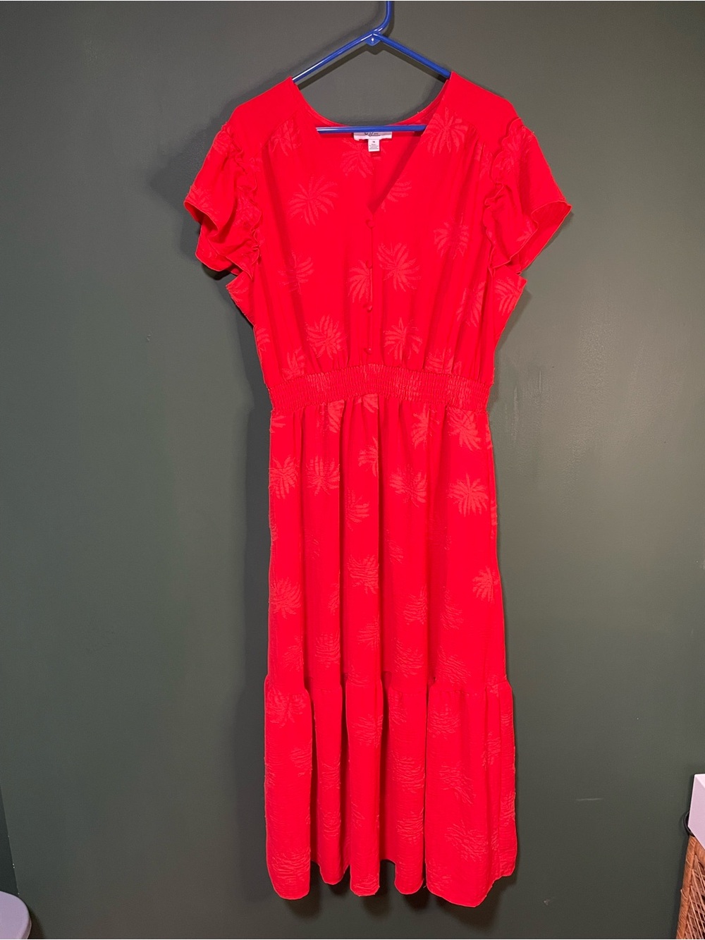 C By One Red Palm Print Flutter Sleeve Tiered Maxi Dress Women's 1X